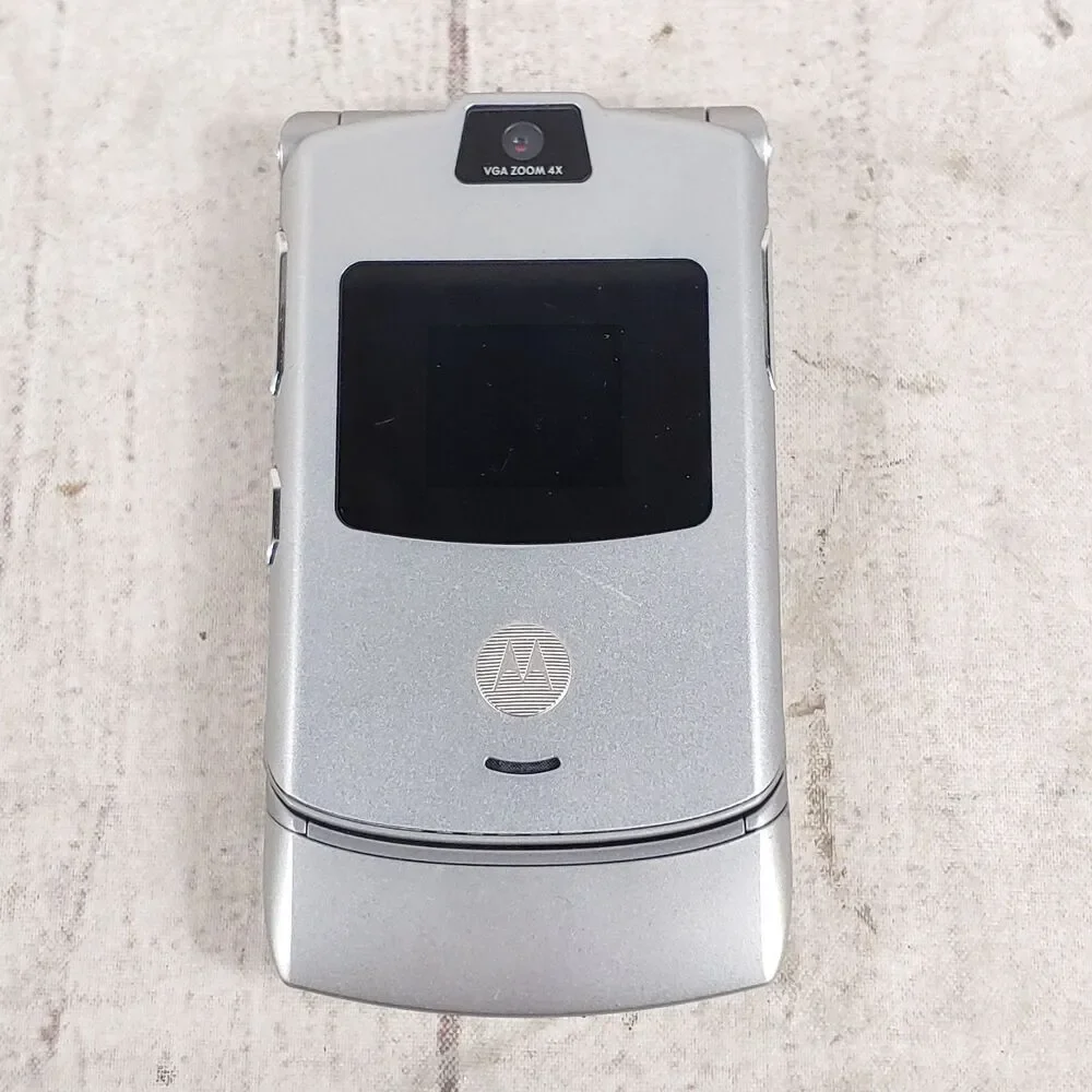 NO BATT Motorola RAZR V3 Flip Cell Phone - CINGULAR SILVER w/ Box Manual, TESTED